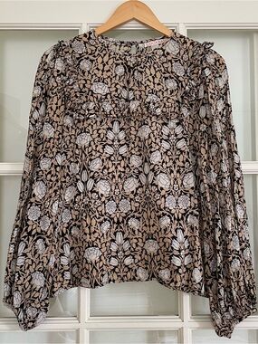Banjanan floral print balloon sleeve blouse black beige white 100% cotton M